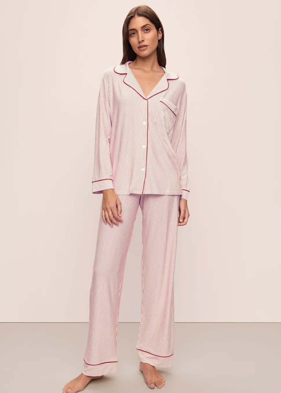 Gisele Printed Long PJ Set: Red Duo Stripe