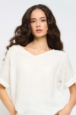 Short Sleeve V-Neck Linen & Woven Top
