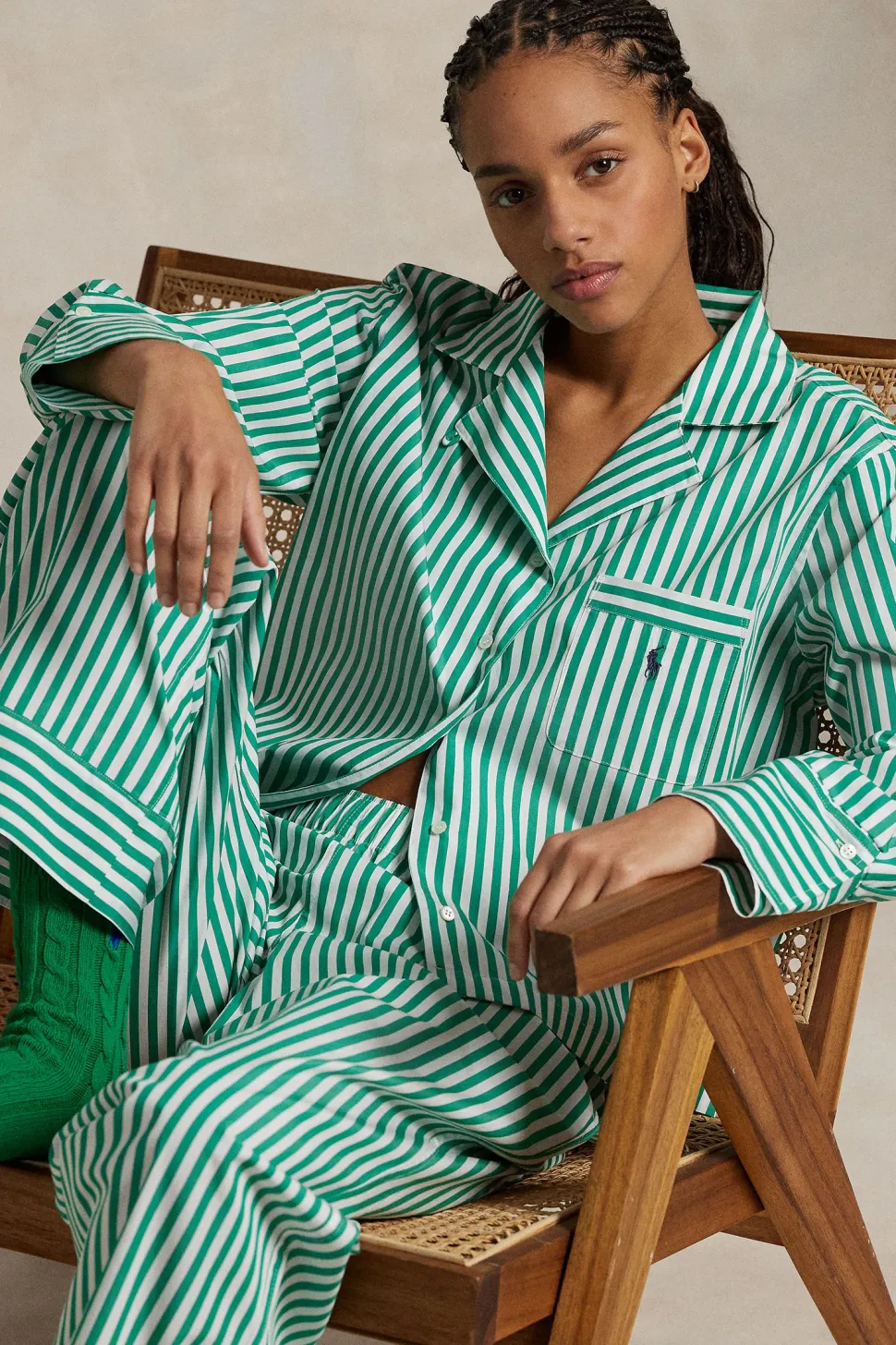Vine Green Striped Cotton Pajama Set