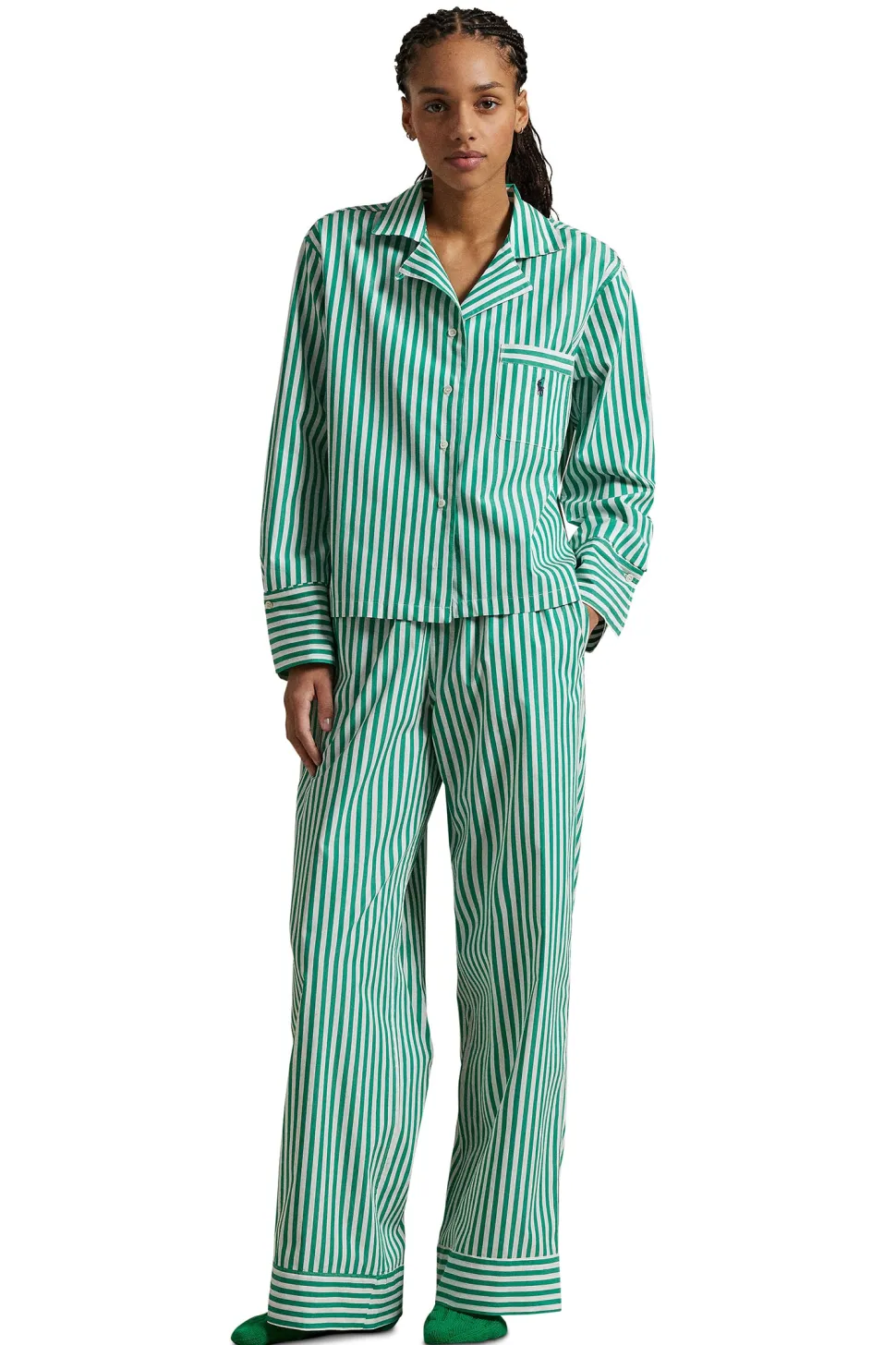 Vine Green Striped Cotton Pajama Set